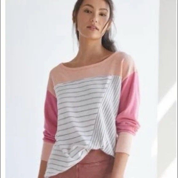 Daily Practice Anthropologie Medium Striped Jersey Sweater Top White‎ Peach Boho - Picture 1 of 7